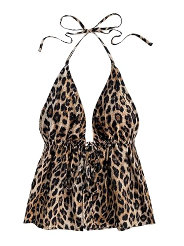 GORGLITTER Damen Top Leopardenmuster Trägertop Y2K Ärmellose Neckholder Sommertops Rückenfreies Oberteil Freizeittop Urlaub Festival Partytop Spaghetti Tops Leo L von GORGLITTER