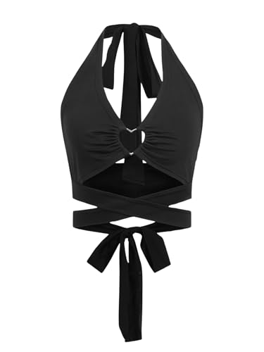 GORGLITTER Damen Top Neckholder Oberteile Rückenfreies Trägertop mit Cut Out Ärmellose Sommertop Gerafftes Trägershirts Crop-Top Freizeittop Partytop Schwarz L von GORGLITTER