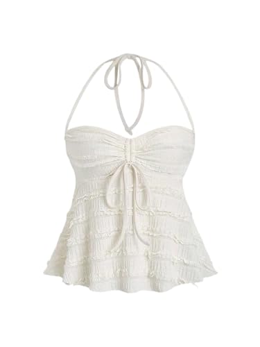 GORGLITTER Damen Top Neckholder Sommertop Ärmelloses Trägertop Rückenfreie Oberteile String Schulterfreies Spitzentop Rüschensaum Freizeittop Aprikosenfarben S von GORGLITTER