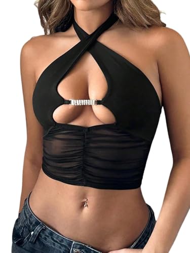 GORGLITTER Damen Top Neckholder Sommertop Bauchfreies Oberteil Rückenfreie Trägertops mit Cut Out Sommer Meshtop Ärmelloses Freizeittop Partytop Schwarz L GORGLITTER Damen Top Neckholder Sommertop Bauchfreies Oberteil Rückenfreie Trägertops mit Cut Out Sommer Meshtop Ärmelloses Freizeittop Partytop Schwarz L von GORGLITTER