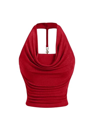 GORGLITTER Damen Top Neckholder Sommertop Drapiertes Kragen Oberteile Bauchfreies Trägertop Ärmellose Freizeittops Rückenfreies Partytop Musikfestival Outfits Rot M von GORGLITTER