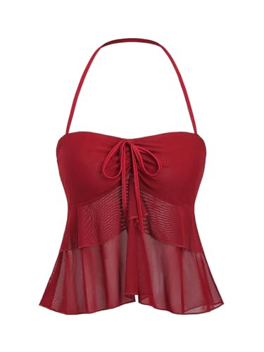 GORGLITTER Damen Top Neckholder Sommertop Rückenfreie Tops Ärmellose Oberteile Ärmelloses Trägertop Leicht Netztop Casual Halter Freizeittop Bordeaux XS von GORGLITTER