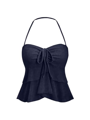 GORGLITTER Damen Top Neckholder Sommertop Rückenfreie Tops Ärmellose Oberteile Ärmelloses Trägertop Leicht Netztop Casual Halter Freizeittop Dunkelblau S von GORGLITTER