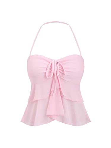 GORGLITTER Damen Top Neckholder Sommertop Rückenfreie Tops Ärmellose Oberteile Ärmelloses Trägertop Leicht Netztop Casual Halter Freizeittop Rosa S von GORGLITTER