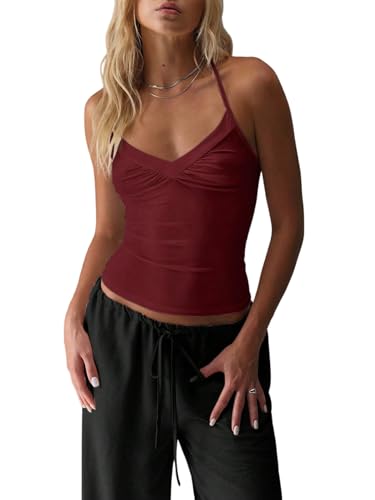 GORGLITTER Damen Top Neckholder Tops Ärmelloses Oberteil Rückenfreies Trägertop Sommer Croptops Gerafftes Sommertop Freizeittop Trägershirt Bordeaux XS von GORGLITTER