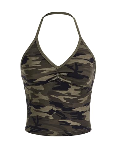 GORGLITTER Damen Top Neckholder Tops Camouflage Muster Sommertop Bauchfreie Oberteile Ärmelloses Trägertop Rückenfreies Trägershirt Freizeittop Armeegrün XS von GORGLITTER
