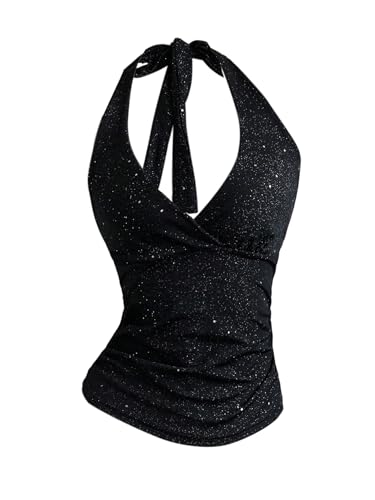 GORGLITTER Damen Top Neckholder Tops Glitzernder Croptop Rückenfreies Sommertop Ärmelloses Trägertop Elegant Trägershirt Sommer Halter Oberteile Schwarz XS GORGLITTER Damen Top Neckholder Tops Glitzernder Croptop Rückenfreies Sommertop Ärmelloses Trägertop Elegant Trägershirt Sommer Halter Oberteile Schwarz XS von GORGLITTER