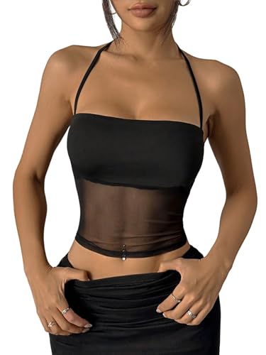 GORGLITTER Damen Top Neckholder Tops Y2K Rückenfreies Netztop Ärmellose Oberteile Bauchfreies Sommertop Ärmelloses Trägertop Mesh Partytop Schwarz S von GORGLITTER