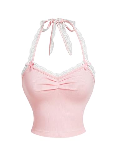 GORGLITTER Damen Top Neckholder Trägertop Rückenfreies Sommertop Ärmellose Oberteile mit Spitze Gerafft Croptop Bauchfreies Oberteil Partytop Rosa XS von GORGLITTER