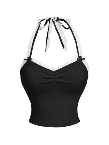 GORGLITTER Damen Top Neckholder Trägertop Rückenfreies Sommertop Ärmellose Oberteile mit Spitze Gerafft Croptop Bauchfreies Oberteil Partytop Schwarz M von GORGLITTER