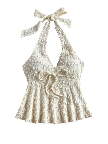 GORGLITTER Damen Top Rückenfreie Tops Neckholder Sommertop Ärmellose Oberteile mit Schleifendekor Sommer Halter Freizeittop Boho Trägertop Aprikosenfarben S von GORGLITTER