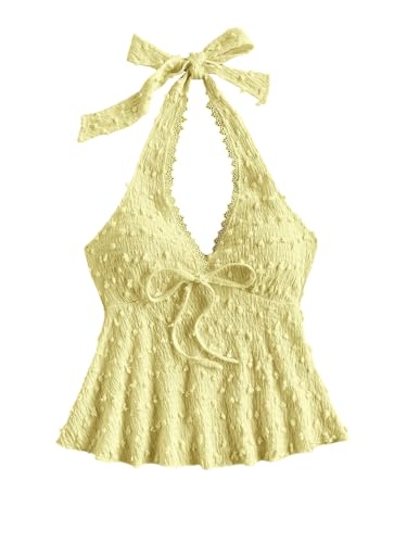 GORGLITTER Damen Top Rückenfreie Tops Neckholder Sommertop Ärmellose Oberteile mit Schleifendekor Sommer Halter Freizeittop Boho Trägertop Gelb S von GORGLITTER