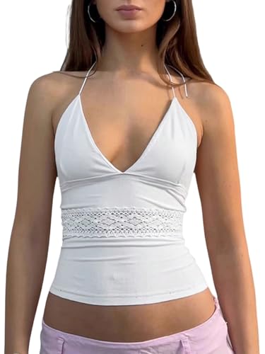 GORGLITTER Damen Top Rückenfreie Tops Neckholder Trägertop Bauchfreie Oberteile Ärmelloses Sommertop Schulterfreies Partytop mit Spitzen Weiß S von GORGLITTER
