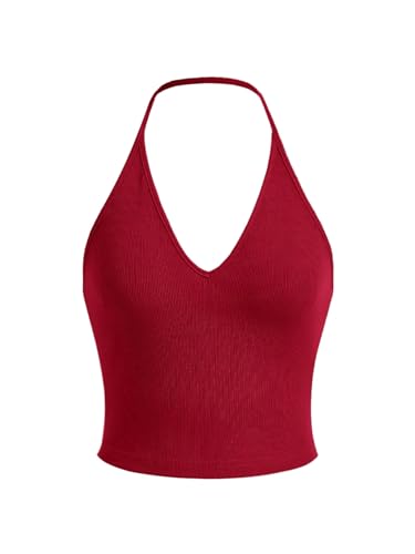 GORGLITTER Damen Top Rückenfreies Crop Tops Neckholder Oberteile Ärmellose Trägertop Bauchfreies Sommertop V Ausschnitt Freizeittop Spaghetti Partytop Rot XS von GORGLITTER