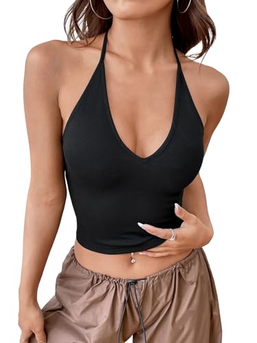GORGLITTER Damen Top Rückenfreies Crop Tops Neckholder Oberteile Ärmellose Trägertop Bauchfreies Sommertop V Ausschnitt Freizeittop Spaghetti Partytop Schwarz XS von GORGLITTER
