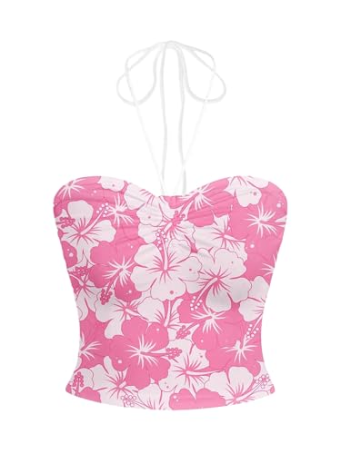 GORGLITTER Damen Top Rückenfreies Sommertop Blümchenmuster Freizeittop Bauchfreie Crop Tops Ärmelloses Trägershirt Boho Trägertop Sommer Oberteile Rosa XS von GORGLITTER