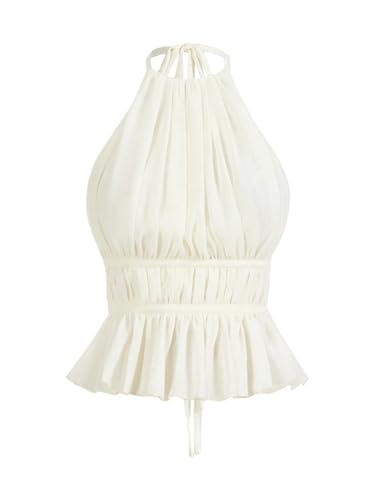 GORGLITTER Damen Top Rückenfreies Top Neckholder Sommertop Ärmellose Oberteile mit Rüschen Sommer Trägertop mit Knoten Partytop Trägershirt Beige M von GORGLITTER