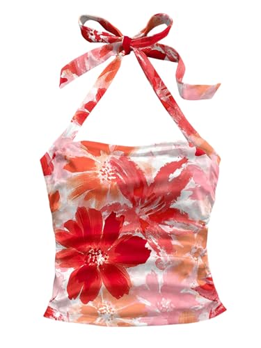 GORGLITTER Damen Top Rückenfreies Trägertop Neckholder Sommertop Ärmellose Oberteile Blumen Tops Sommer Trägershirt Halter Freizeittop Partytop Rot XS von GORGLITTER
