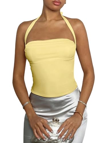 GORGLITTER Damen Top Rückenfreies Trägertop Neckholder Sommertop Ärmellose Oberteile Elegant Tops Sommer Trägershirt Halter Freizeittop Partytop Gelb M von GORGLITTER