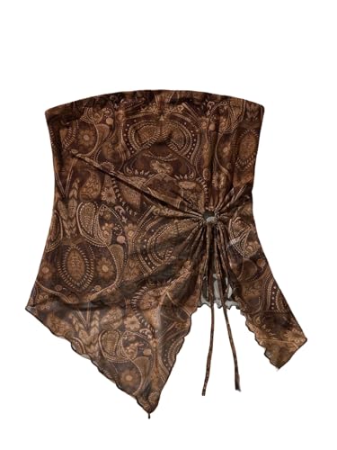 GORGLITTER Damen Top Sommer Ärmellose Tube Tops Paisleymuster Bandeau-Top Asymmetrisch Bauchfreie Oberteile Trägerloses Freizeittop Rückenfreies Sommertop Braun S von GORGLITTER