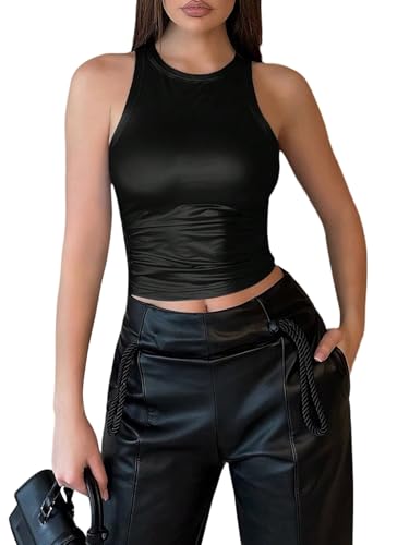 GORGLITTER Damen Top Sommer Basic Tanktop Slim Fit Sommertop Ärmelloses Oberteile Bauchfreies Freizeittop Casualtop Party Outfits Schwarz S von GORGLITTER
