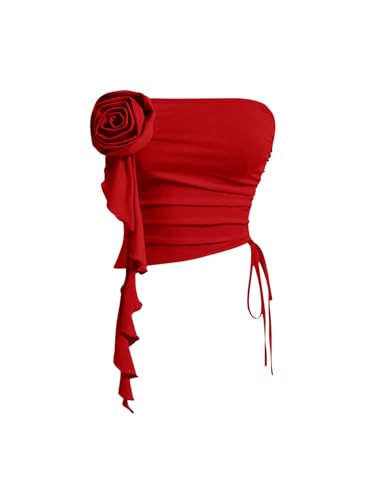 GORGLITTER Damen Top Sommer Blumendekor Tube Tops Asymmetrisches Bandeau Top Ärmelloses Oberteile Trägerlose Freizeittops Gerafft Crop Tops Partytop Rot M von GORGLITTER