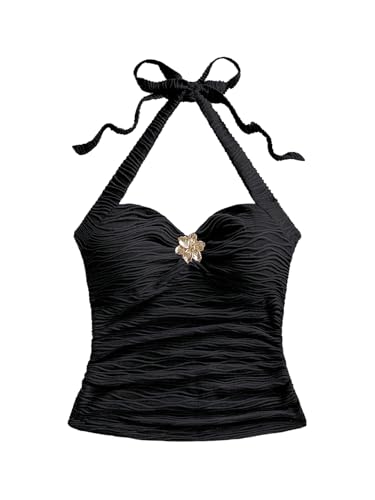 GORGLITTER Damen Top Sommer Crop Tops Neckholder Sommertop Bauchfreies Trägertop Rückenfreie Oberteile Ärmelloses Trägershirt mit Schnalle Schwarz S von GORGLITTER