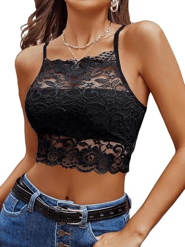 GORGLITTER Damen Top Sommer Spitzen BH Bauchfreies Oberteil Rückenfrei Sommertops Crop Top Ärmellos Spitzentop Elegant Unterhemd Schwarz S von GORGLITTER