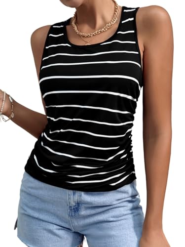 GORGLITTER Damen Top Sommer Tank Tops Gestreifte Oberteile U Ausschnitt Tanktop Basic Ärmelloses Sommertop Streifenmuster Tshirt Freizeittop Casualtop Schwarz L von GORGLITTER