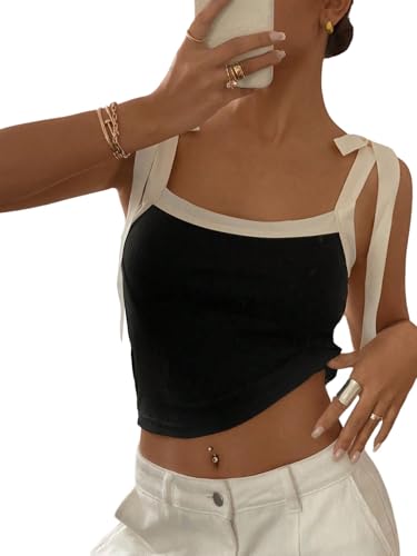 GORGLITTER Damen Top Sommer Trägertop Ärmelloses Sommertop Elegant Oberteile mit Schleife Breite Träger Sommershirt Farbblock Trägershirt Freizeittop Schwarz L von GORGLITTER