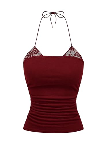 GORGLITTER Damen Top Sommer Trägertop mit Spitze Necholder Tops Ärmellose Oberteile Camisole Trägershirt Spitzentop Freizeittop Partytop Clubtop Bordeaux M von GORGLITTER