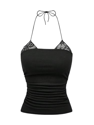 GORGLITTER Damen Top Sommer Trägertop mit Spitze Necholder Tops Ärmellose Oberteile Camisole Trägershirt Spitzentop Freizeittop Partytop Clubtop Schwarz S von GORGLITTER