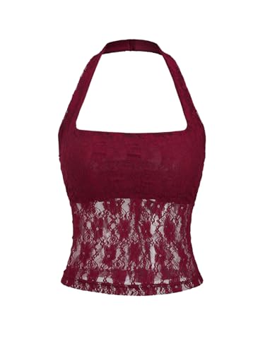 GORGLITTER Damen Necholder Top Y2K Spitzentop Ärmelloses Rückenfrei Oberteile Party Trägertop Elegant Untertop Festival Outfit Rot M von GORGLITTER