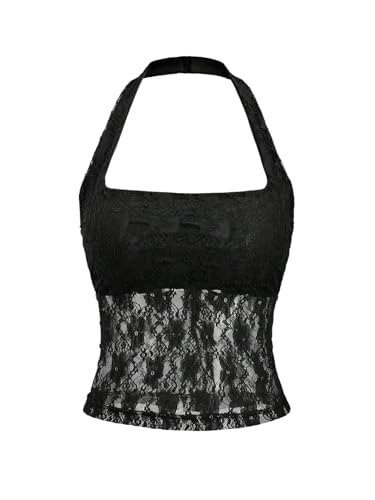 GORGLITTER Damen Necholder Top Y2K Spitzentop Ärmelloses Rückenfrei Oberteile Party Trägertop Elegant Untertop Festival Outfit Schwarz L von GORGLITTER