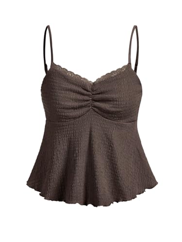 GORGLITTER Damen Top Spaghettiträger Sommertop Rüschensaum Trägertop Gerafft Ärmellose Oberteile Camisole Freizeittop Boho Locker Camitop Kaffeebraun L von GORGLITTER