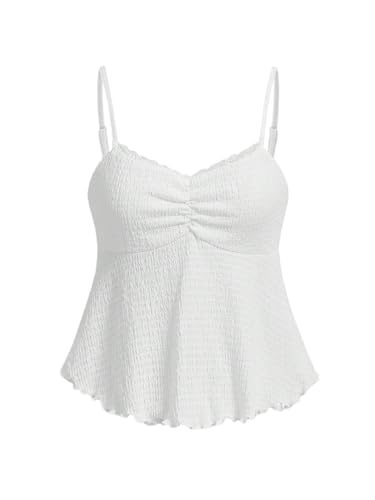 GORGLITTER Damen Top Spaghettiträger Sommertop Rüschensaum Trägertop Gerafft Ärmellose Oberteile Camisole Freizeittop Boho Locker Camitop Weiß M von GORGLITTER