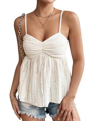 GORGLITTER Damen Top Spaghettiträger Tops Ärmellose Oberteile Gerafft Sommertop Ausgestellt Trägertop Rüschensaum Trägershirt Freizeittop Casualtop Aprikosenfarben L von GORGLITTER