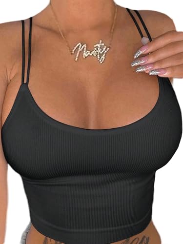 GORGLITTER Damen Top Spaghettiträger Tops Bauchfreies Sommertop Ärmelloses Trägertop Sommer Slim Fit Oberteile Rückenfreies Trägershirts Partytop Schwarz M von GORGLITTER
