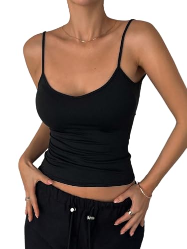 GORGLITTER Damen Top Spaghettiträger Tops Rückenfreies Sommertop Ärmelloses Trägertop Sommer Bauchfreies Oberteil Casual Croptop Trägershirt Schwarz M von GORGLITTER