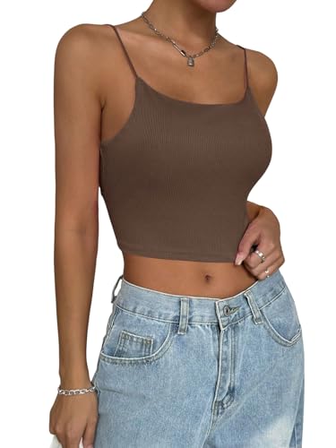 GORGLITTER Damen Top Spaghettiträger Tops Rückenfreies Sommertop mit Cut Outs Bauchfreie Oberteile Ärmellose Unterhemden Trägertop BH-Hemd Croptop Braun XS von GORGLITTER