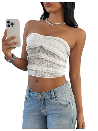 GORGLITTER Damen Top Spitze Tube Tops Rüschen Geraffter Sommertop Ärmellose Oberteile Trägerlos Freizeittop Bandeau Spitzentop Bauchfreies Oberteil Aprikosenfarben XS von GORGLITTER