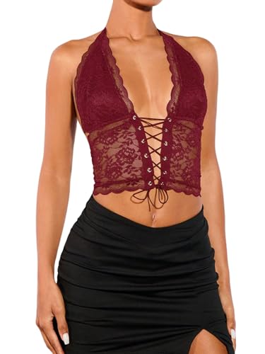 GORGLITTER Damen Top Spitzen Neckholder Tops Rückenfrei Trägertop Geschnürt Partytop Korsett Sommer Oberteile Bauchfreies Sommertop Ärmelloses Spitzentop Bordeaux L von GORGLITTER