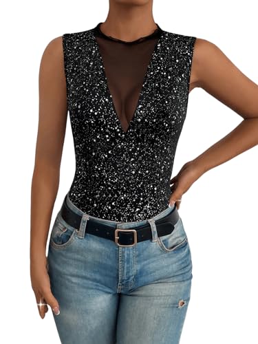 GORGLITTER Damen Top Tanktop mit Netzstoff Oberteil Ohne Ärmel Partytops Slim Tops für Festivals Schwarz mit Glitzer M von GORGLITTER