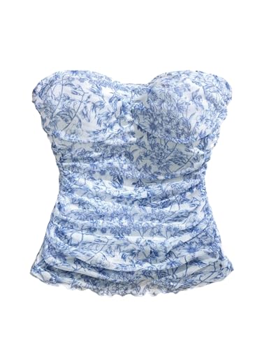 GORGLITTER Damen Top Trägerlose Sommertop Blümchenmuster Ärmelloses Croptop Schulterfrei Freizeittop Boho Bandeau-Top Party Oberteil Blau und Weiß L von GORGLITTER