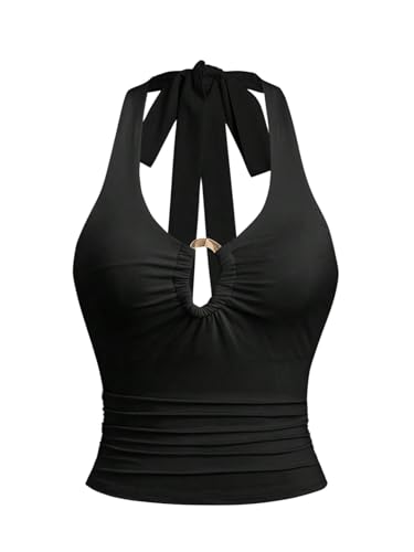 GORGLITTER Damen Top Trägertop Y2k Camisole Crop Top Neckholder Oberteil Halter Tops Bauchfreies Oberteile Y2k Outfit Schwarz XS von GORGLITTER