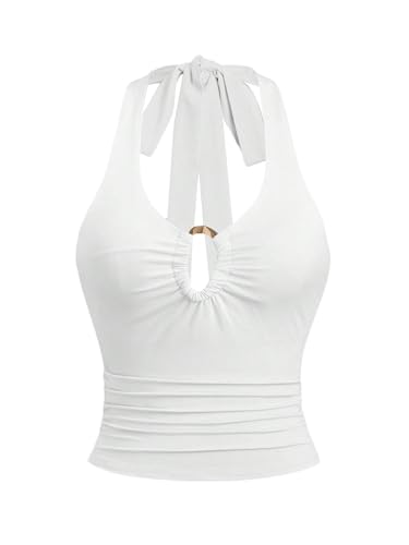 GORGLITTER Damen Top Trägertop Y2k Camisole Crop Top Neckholder Oberteil Halter Tops Bauchfreies Oberteile Y2k Outfit Weiß M von GORGLITTER