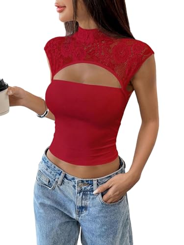 GORGLITTER Damen Top mit Spitzen Ärmellos Y2K Oberteil Elegant Cut Out Spitzentop Dirndlbluse Festlich Spitzenshirt mit Stehkragen Rot S GORGLITTER Damen Top mit Spitzen Ärmellos Y2K Oberteil Elegant Cut Out Spitzentop Dirndlbluse Festlich Spitzenshirt mit Stehkragen Rot S von GORGLITTER