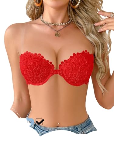 GORGLITTER Damen Trägerlos BH Push Up Vorderverschluss Spitzen Bra mit Bügel Unterwäsche Rückenfrei Bralettes mit Durchsichtigen Trägern BHS Rot 85C GORGLITTER Damen Trägerlos BH Push Up Vorderverschluss Spitzen Bra mit Bügel Unterwäsche Rückenfrei Bralettes mit Durchsichtigen Trägern BHS Rot 85C von GORGLITTER