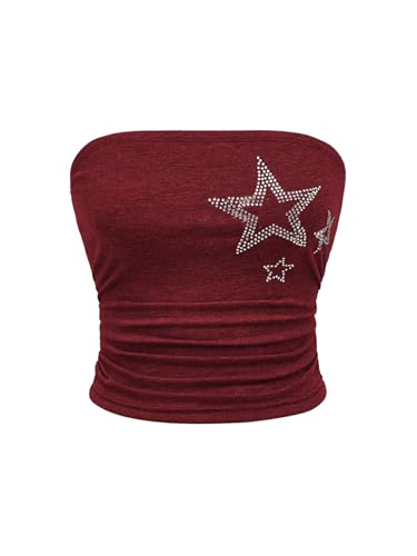 GORGLITTER Damen Trägerlos Top Y2K Crop Tops Schulterfrei Oberteile Sommer Partytop mit Sternmuster Casualtop Rot S von GORGLITTER