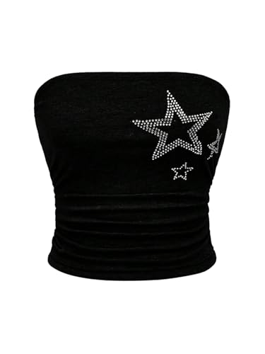 GORGLITTER Damen Trägerlos Top Y2K Crop Tops Schulterfrei Oberteile Sommer Partytop mit Sternmuster Casualtop Schwarz M von GORGLITTER